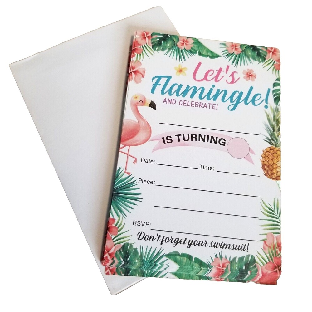 Lets Flamingle Flamingo Set 22‎ Invitations Swimsuit Birthday New